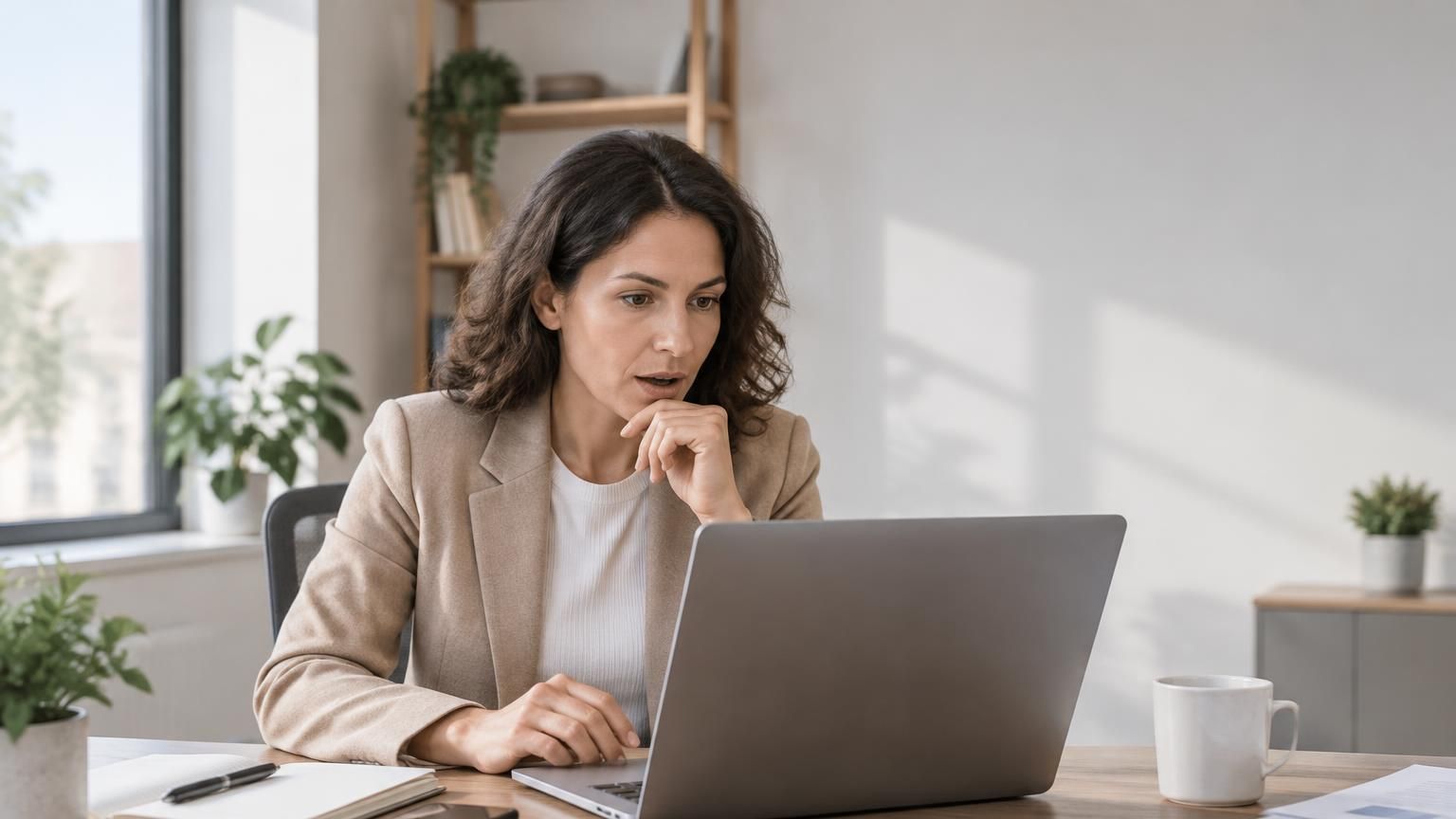 Business professional thinking at laptop about AI agent automation concepts in modern office